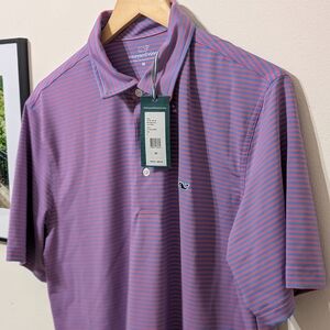 Vineyard Vines Men's Polo in Pinkish Red and Blue Stripes Golf Performance Shirt